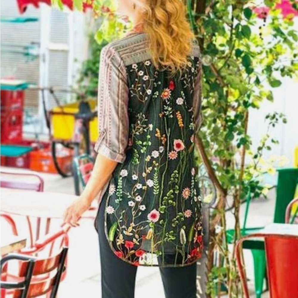 Soft Surroundings Blouse Button Down Shirt Boho Floral sheer back Elena topper